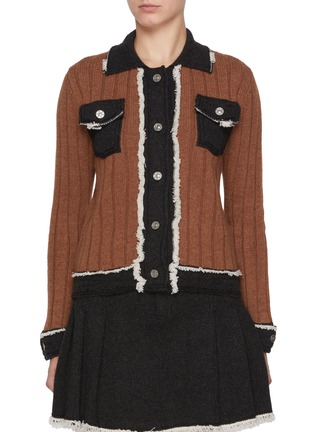 Main View - Click To Enlarge - BARRIE - Hybrid Frayed Edge Dark Wash Denim Knit Jacket