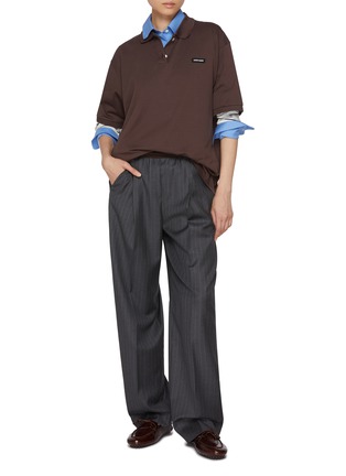 Figure View - Click To Enlarge - MIU MIU - Logo Embroidered Pinstripe Wool Track Pants