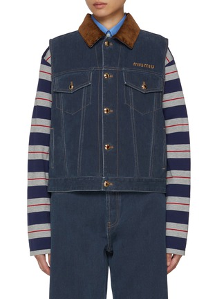 Main View - Click To Enlarge - MIU MIU - Corduroy Collar Dark Wash Denim Gilet