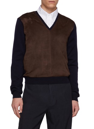 Main View - Click To Enlarge Main View - Click To Enlarge - PRADA - V-Neck Suede Insert Wool Sweater