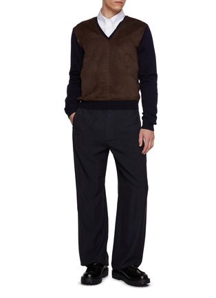 Figure View - Click To Enlarge - PRADA - V-Neck Suede Insert Wool Sweater