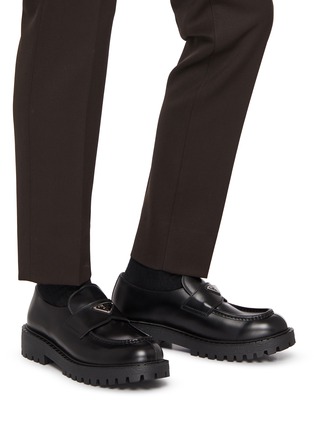 Figure View - Click To Enlarge - PRADA - Spazzolato Rois Chocolate Leather Loafers