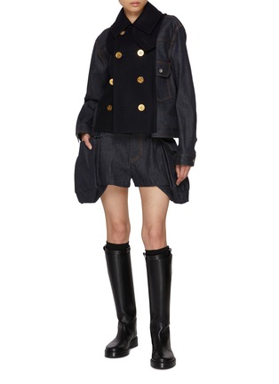 Figure View - Click To Enlarge - SACAI - Hybrid Oversized Button Dark Wash Denim Jacket