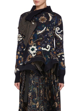 Main View - Click To Enlarge - SACAI - Floral Jacquard Draped Wool Knit Top