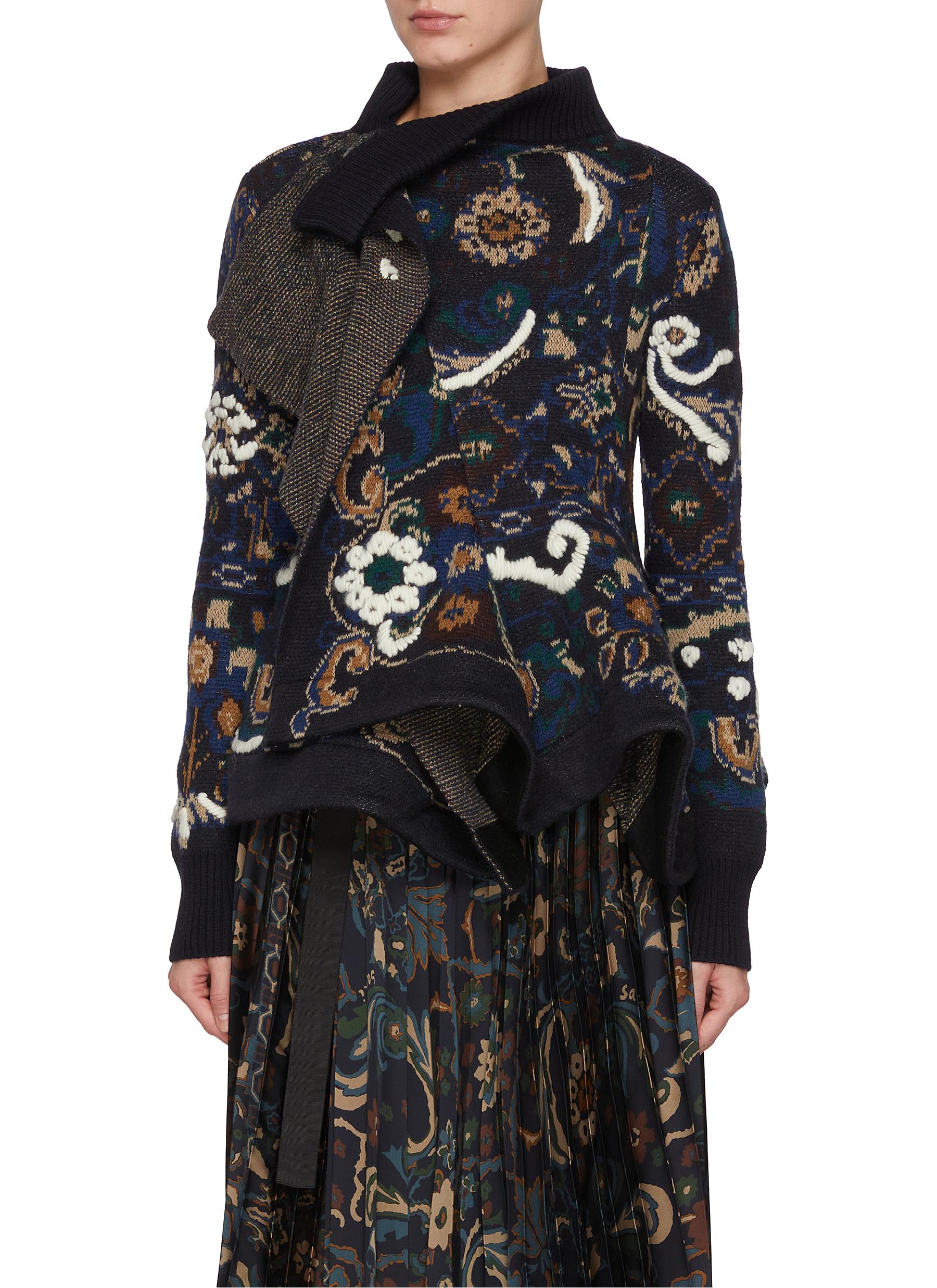 SACAI | Floral Jacquard Draped Wool Knit Top | Women | Lane