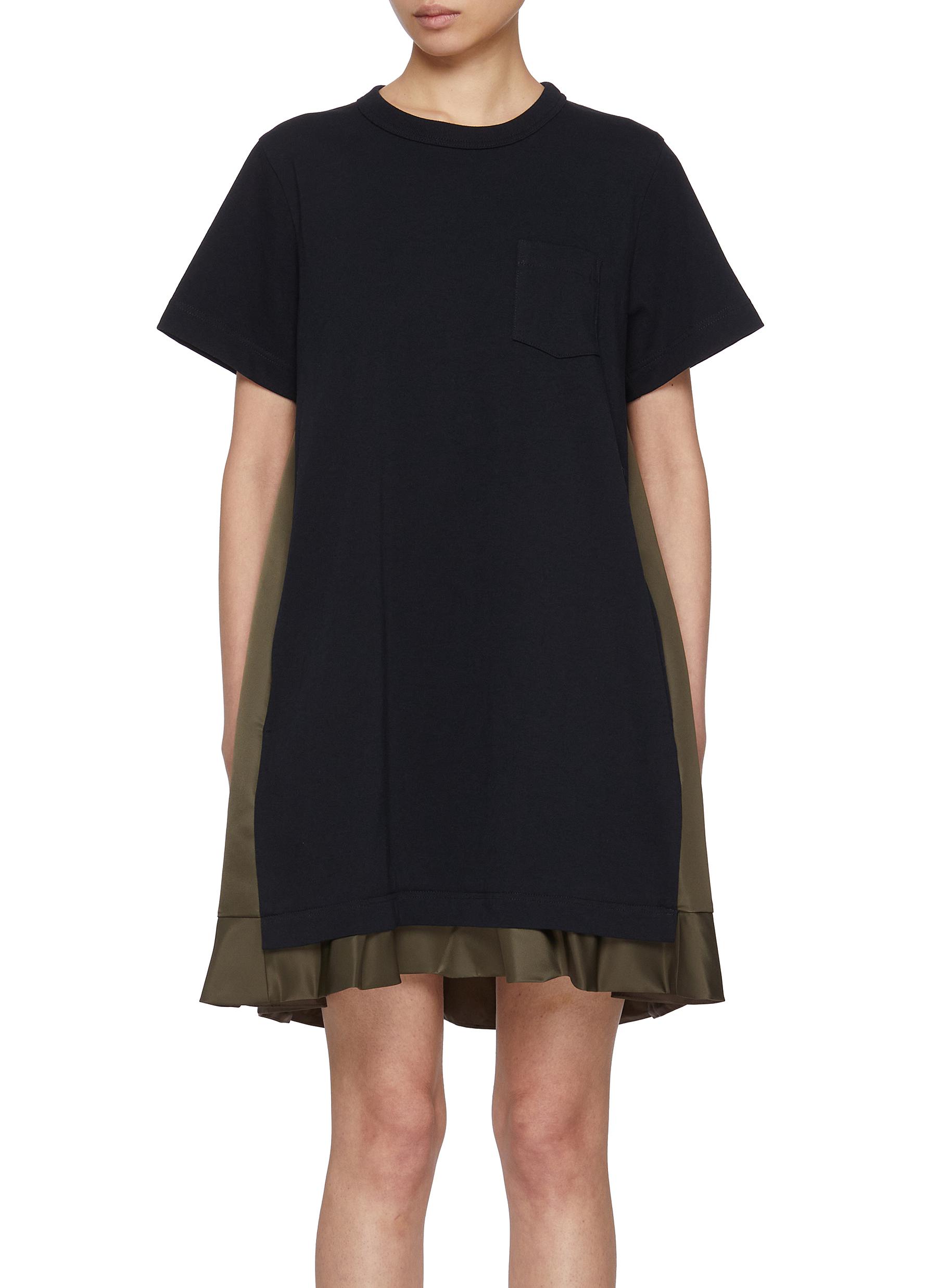 【SACAI】Dress SACAI Belted striped cotton-poplin and jersey midi dress
