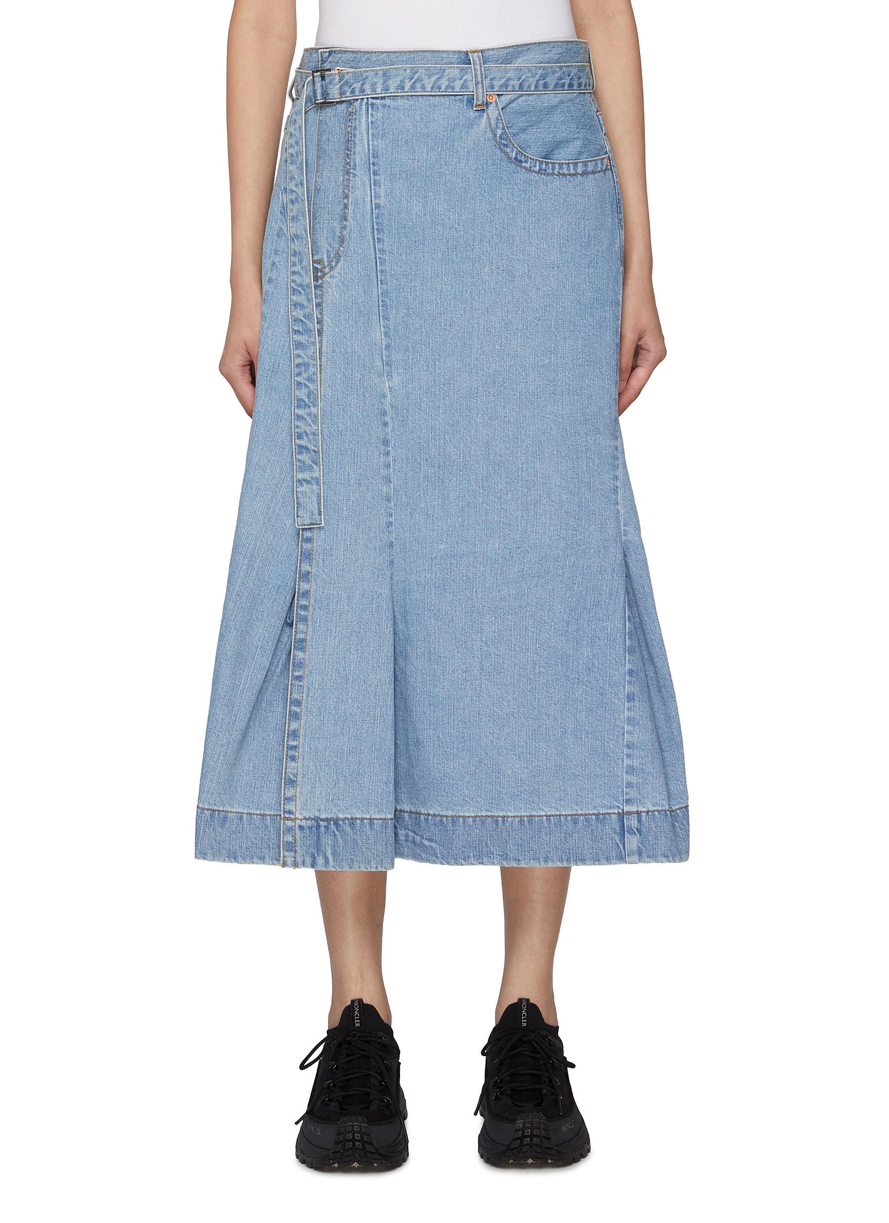 SACAI | Belted Light Wash Denim Midi Skirt | Women | Lane