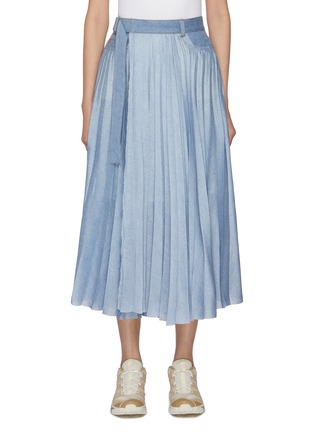 Main View - Click To Enlarge - SACAI - Belted Pleated Light Wash Midi Skirt