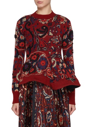 Main View - Click To Enlarge - SACAI - Floral Jacquard Draped Wool Knit Top