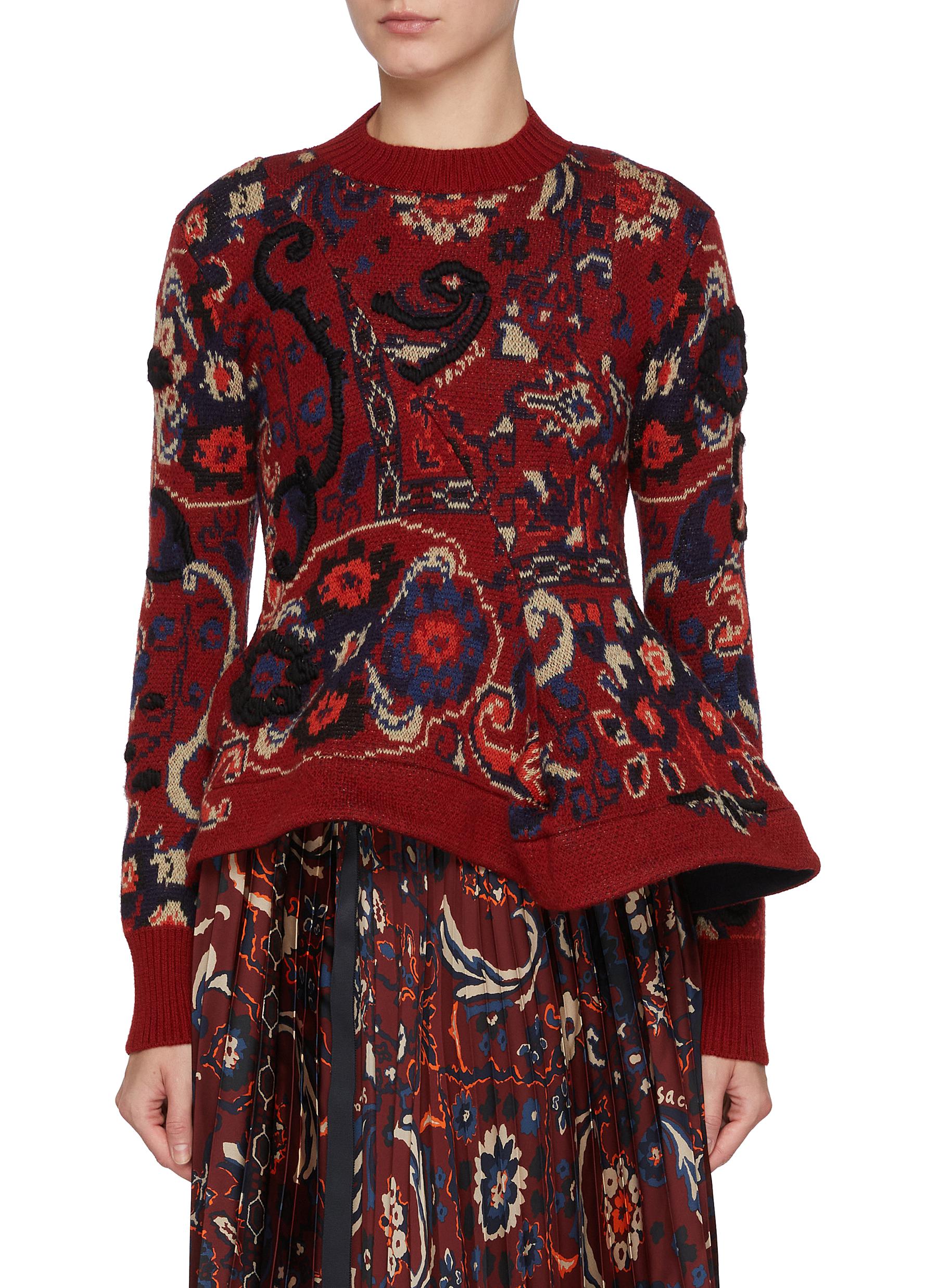 SACAI | Floral Jacquard Draped Wool Knit Top | Women | Lane