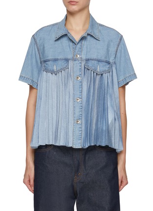 Main View - Click To Enlarge - SACAI - Pleated Light Wash Denim Shirt