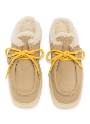 Detail View - Click To Enlarge - MIU MIU - Platform Suede Shearling Slides