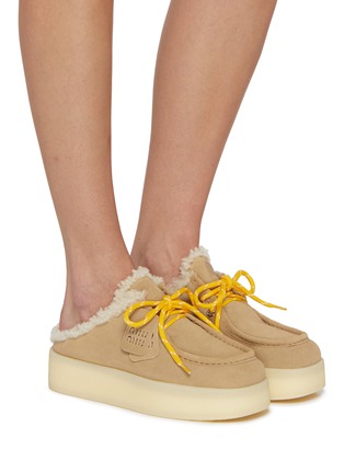 Figure View - Click To Enlarge - MIU MIU - Platform Suede Shearling Slides