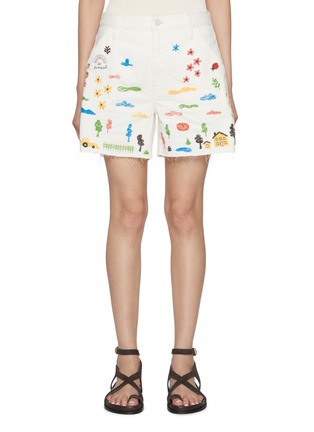 Main View - Click To Enlarge - MOTHER - The Stud Finder Frayed Hem Embroidered Cotton Shorts
