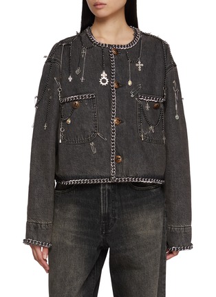 Main View - Click To Enlarge - R13 - Chain Embellished Cropped Dark Wash Denim Chore Jacket