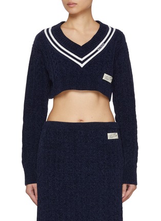 Main View - Click To Enlarge - WE11DONE - V-Neck Cropped Velvet Cable Knit Sweater