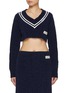 Main View - Click To Enlarge - WE11DONE - V-Neck Cropped Velvet Cable Knit Sweater