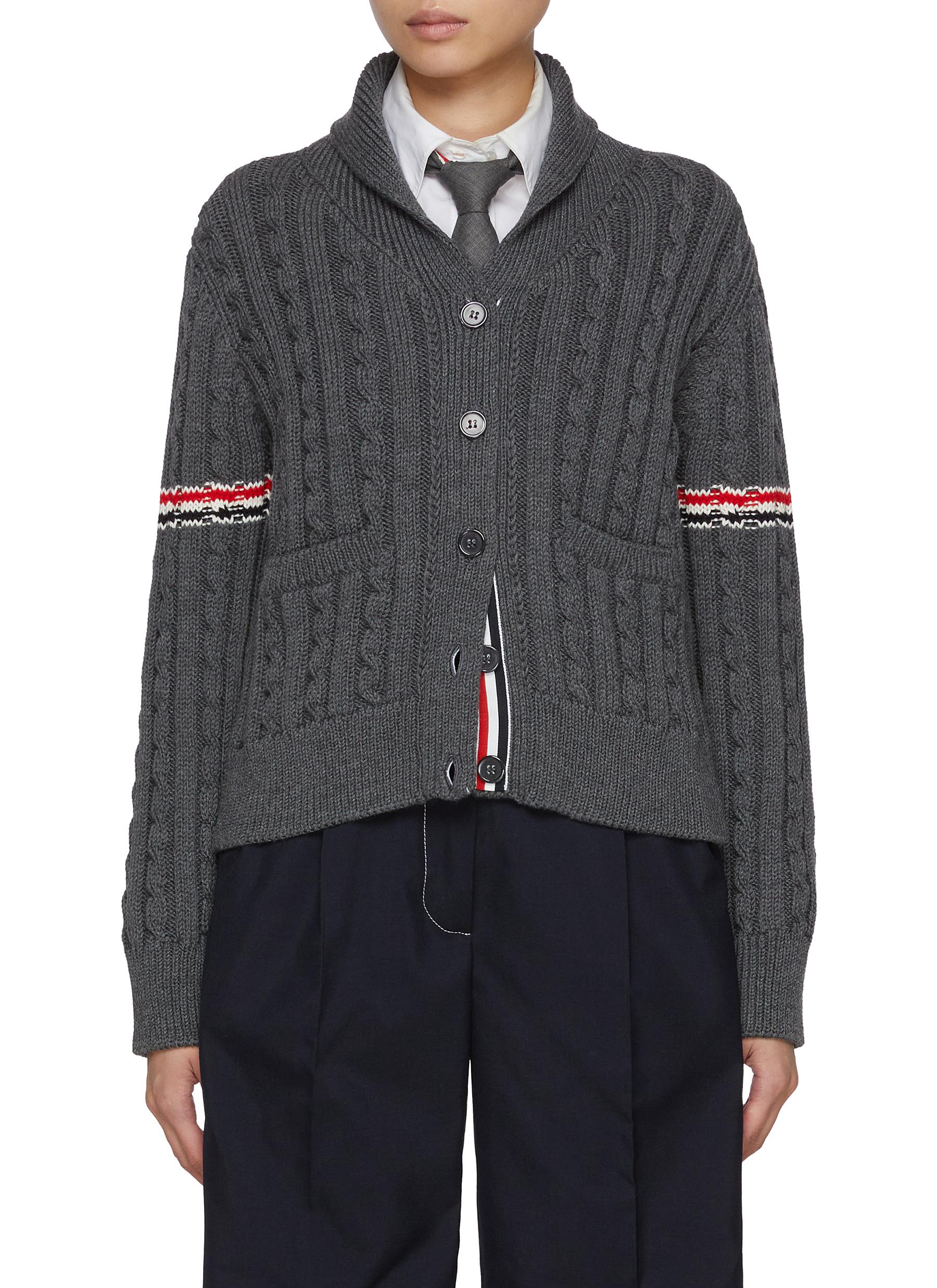 THOM BROWNE | Shawl Collar Striped Cable Knit Wool Cardigan