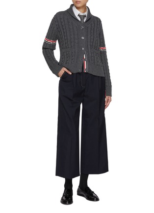 Figure View - Click To Enlarge - THOM BROWNE - Shawl Collar Striped Cable Knit Wool Cardigan