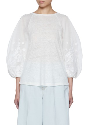 Main View - Click To Enlarge - ZIMMERMANN - Lace Trim Lantern Sleeve Linen T-Shirt