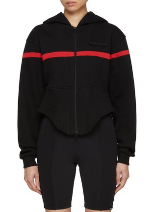 Main View - Click To Enlarge - BONBOM - Contrast Stripe Zip Up Cotton Corset Hoodie
