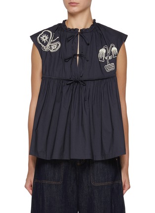 Main View - Click To Enlarge - FAFAMOON - Embroidered Lace Up Cotton Sleeveless Shirt