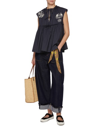 Figure View - Click To Enlarge - FAFAMOON - Embroidered Lace Up Cotton Sleeveless Shirt