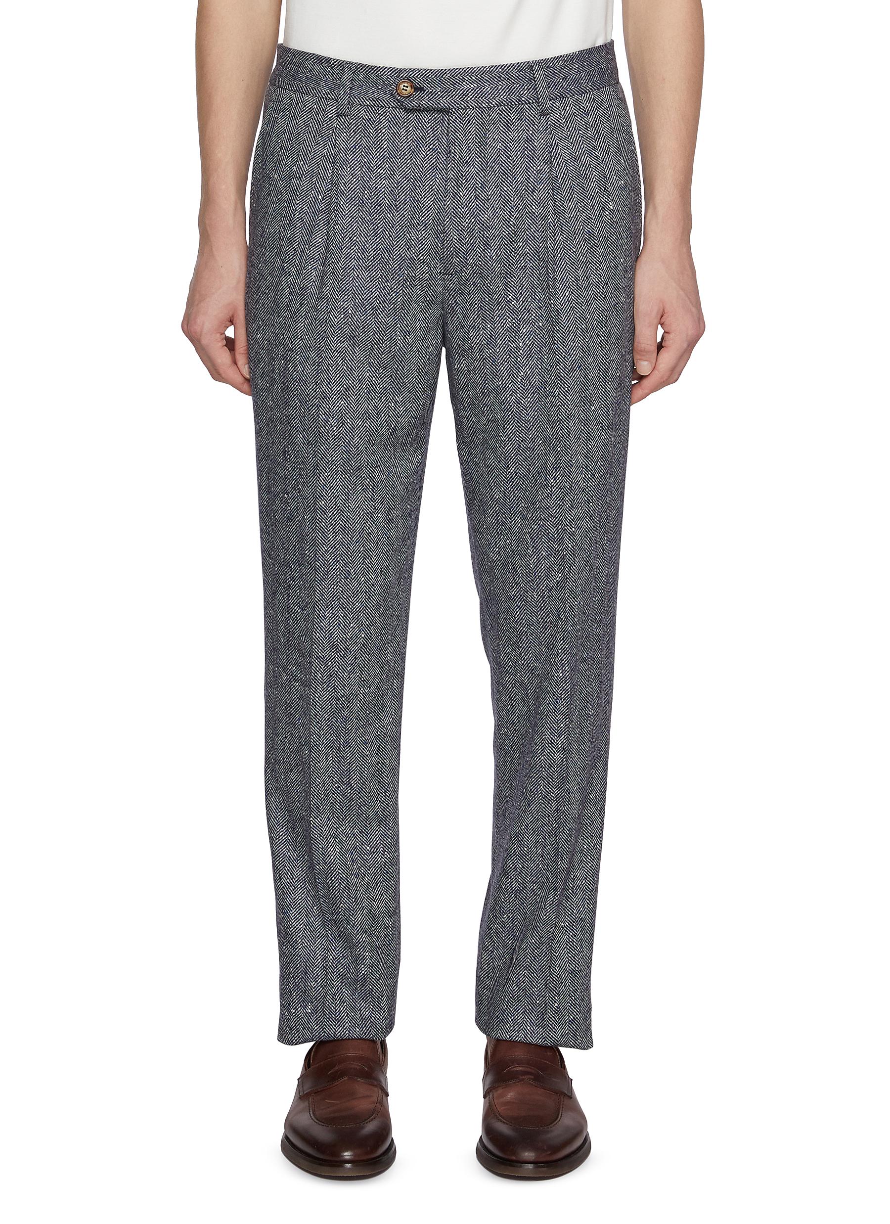 BRUNELLO CUCINELLI | Herringbone Wool Cashmere Pleated Pants