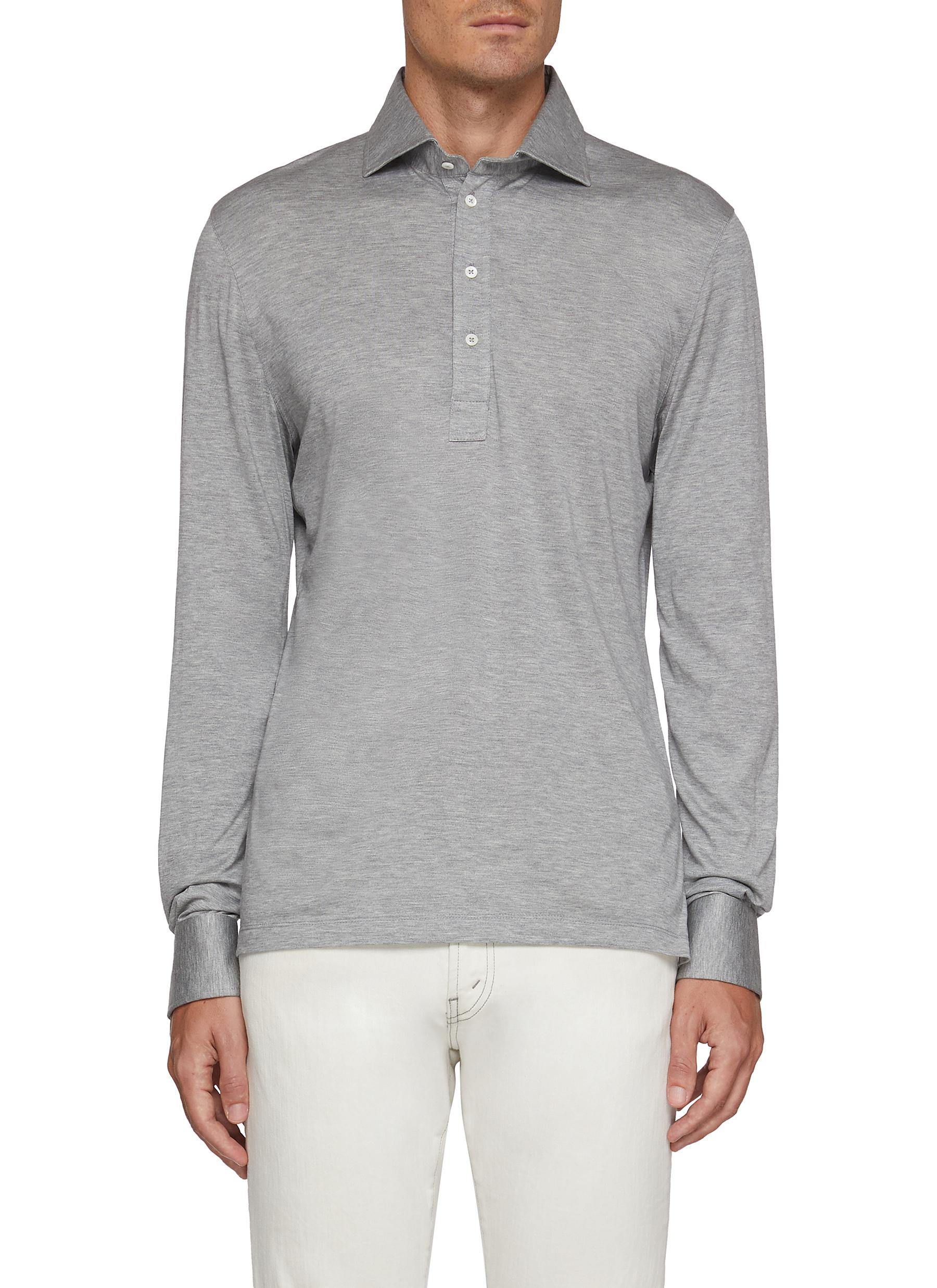 BRUNELLO CUCINELLI | Long Sleeve Half Placket Silk Cotton Polo