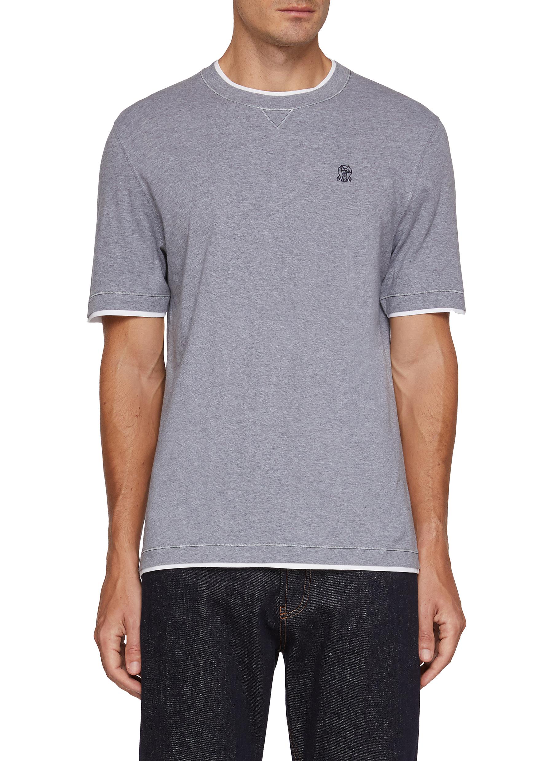 【送料&関税込】Brunello Cucinelli Crewneck T-shirt With Pat T-shirt with faux-layering for Man in Off-White | Brunello