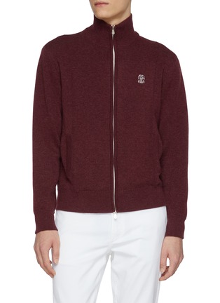Main View - Click To Enlarge - BRUNELLO CUCINELLI - Embroidered Logo Cashmere Blend Zip Up Cardigan