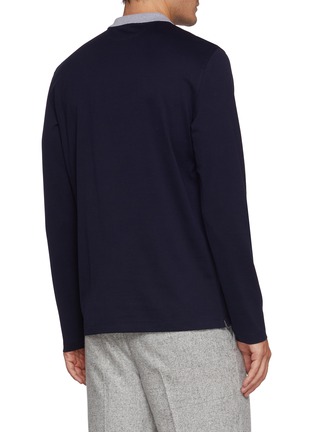 Back View - Click To Enlarge - BRUNELLO CUCINELLI - Long Sleeve Contrast Collar Cotton Jersey Polo Shirt