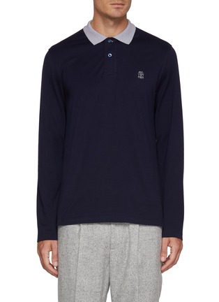 Main View - Click To Enlarge - BRUNELLO CUCINELLI - Long Sleeve Contrast Collar Cotton Jersey Polo Shirt