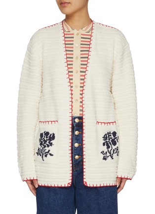 Main View - Click To Enlarge - EENK - Floral Jacquard Cotton Wool Knit Cardigan