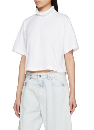 Front View - Click To Enlarge - ALAÏA - Textured Neck Cropped Cotton T-Shirt