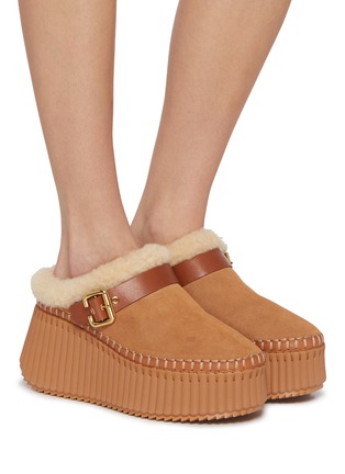 Figure View - Click To Enlarge - CHLOÉ - Nama Suede Shearling Wedge Mules