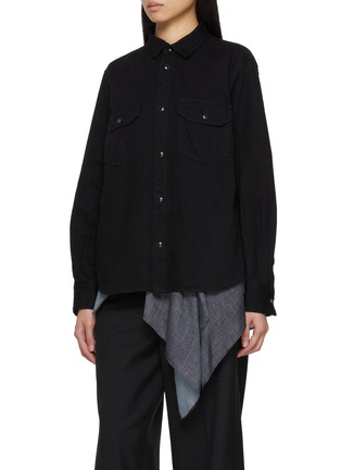Detail View - Click To Enlarge - SACAI - Hybrid Dark Wash Denim Satin Shirt