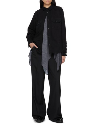Figure View - Click To Enlarge - SACAI - Hybrid Dark Wash Denim Satin Shirt