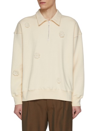 Main View - Click To Enlarge - SONG FOR THE MUTE - Daisy Crochet Quarter Zipped Soft Terry Cotton Pullover