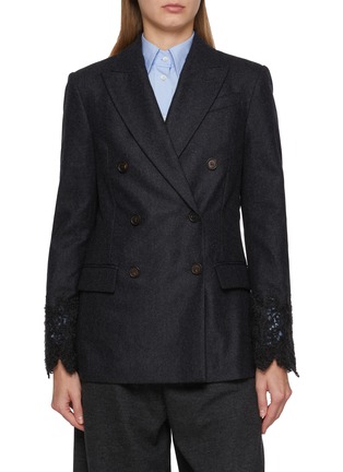 Main View - Click To Enlarge - BRUNELLO CUCINELLI - Double Breasted Lace Sleeve Wool Blazer