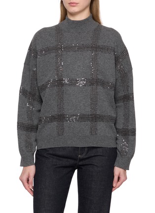 Main View - Click To Enlarge - BRUNELLO CUCINELLI - Sequin Check Mock Neck Wool Silk Sweater