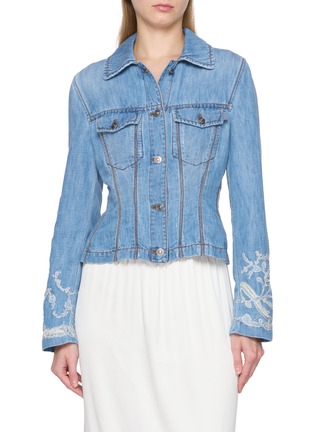 Main View - Click To Enlarge - ERMANNO SCERVINO - Lace Panelled Sleeves Denim Jacket