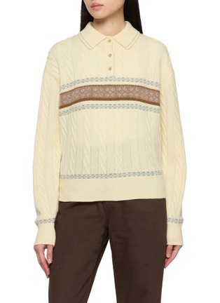 Main View - Click To Enlarge - GUEST IN RESIDENCE - Long Sleeve Cable Collegiate Cashmere Wool Knit Polo Shirt