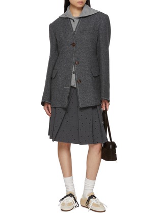 Figure View - Click To Enlarge - FAFAMOON - Knit Stand Collar Wide Shoulder Waist Cinched Blazer