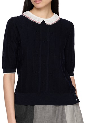  - THOM BROWNE - Bobble Stitch Lace Trim Short Sleeve Knit Wool Top