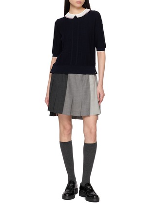 Figure View - Click To Enlarge - THOM BROWNE - Bobble Stitch Lace Trim Short Sleeve Knit Wool Top