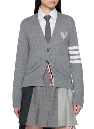 Main View - Click To Enlarge - THOM BROWNE - Tennis Racquets Intarsia 4-Bar V-neck Cotton Cardigan