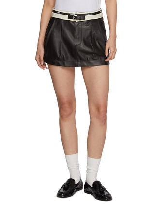Main View - Click To Enlarge - HOMMEGIRLS - Flip Waist Belted Pleated Leather Mini Skirt