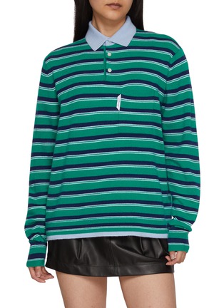 Main View - Click To Enlarge - HOMMEGIRLS - Long Sleeve Striped Wool Cashmere Knit Polo Top