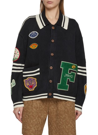 Main View - Click To Enlarge - FOUND - Varsity Patch Collared Cotton Knit Cardigan